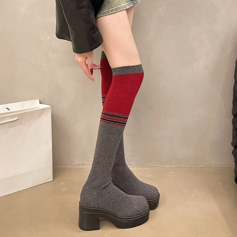 Knee High Sock Women - 청키 힐 여성용 오버니 삭스 부츠
